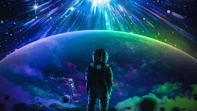 Astronaut, Wanderer, Space suit, Stars, Planet, Surreal, Cosmos, Universe