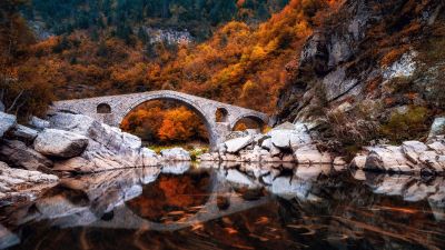 Devil's Bridge, Autumn, Bridge, Lake, Reflection, Rocks, Calm, Aesthetic, Scenery, Landscape, Arch bridge, River Stream, Bulgaria, Eastern Europe, 5K
