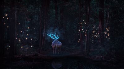 Stag, Deer, Forest Trees, Surreal, Dark background, Fantasy, Digital Art, 5K