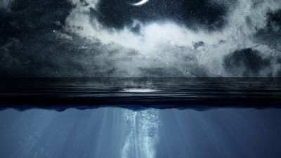 Underwater, Crescent Moon, Ocean Waves, Horizon, Illustration, Photo Manipulation, Deep, Cloudy Sky, Drowning