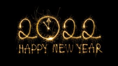 2022 New Year, Happy New Year, Sparkling, Black background, Fireworks, Sparklers, AMOLED, 5K