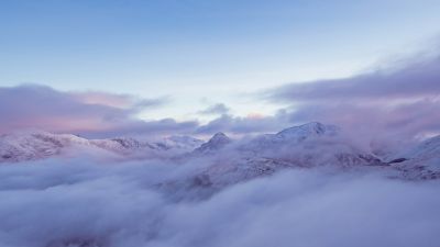 Mountain range, Glacier mountains, Early Morning, Foggy, Snow covered, Clouds, Mountain top