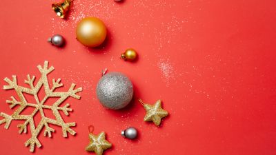 Christmas Baubles, Stars, Snowflake, Red background, Decor, Shiny, 5K, Navidad, Noel