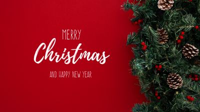 Happy New Year, Merry Christmas, Red background, Christmas decoration, Christmas tree, 5K