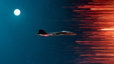 Fighter aircraft, Full moon, Outer space, Orange Teal, Night time, Stars, Outer space, Experiment, 5K