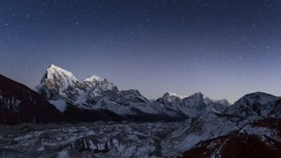 Mount Cholatse, Ngozumpa glacier, Nepal, Himalayas, Gokyo valley, Snow covered, Starry sky, Mountain Peak, Landscape, 5K