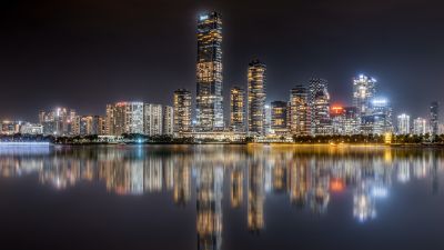 Shenzhen Bay, Hong Kong, City Skyline, Skyscrapers, Night time, Cityscape, City lights, Body of Water, Reflection, 5K