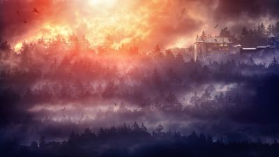 Castle, Burning Sky, Sunset, Forest, Surreal, Flying Birds, Foggy, Fairy tale, Landscape, Photo Manipulation