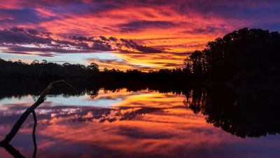 Sunset, Lake, Reflections, Landscape, Scenic, Silhouette, Dusk, 5K