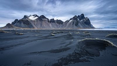 Vestrahorn mountain, 8K, Iceland, Snow covered, Black Soil, Cloudy Sky, Mountain View, Landscape, Scenery, 5K