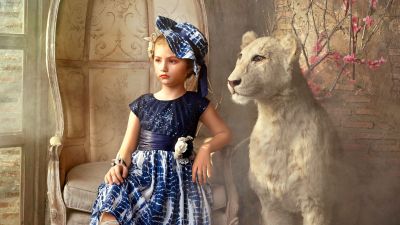 Cute Girl, White lion, Photoshoot, Portrait, Surreal
