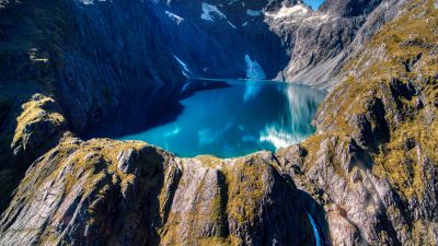 Lake Erskine, Southern Alps, New Zealand, Mountain top, Aerial view, Glacier mountains, Landscape, 5K