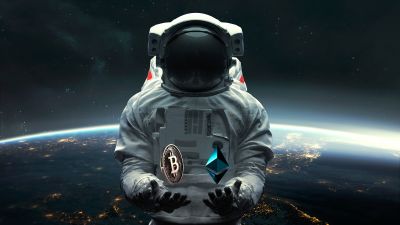 Astronaut, Bitcoin, Ethereum, Cryptocurrency, Planet Earth, Outer space, Space suit, 5K
