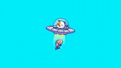 Cute Cat, Flying cat, UFO, Fish, Spaceship, Aqua blue, Aqua background, Minimalist, Simple