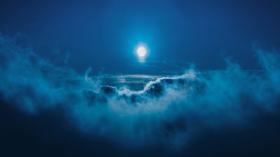 Moon, Night, Above clouds, Cold, Blue Sky, 5K