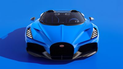 Bugatti W16 Mistral, Blue, Roadster, Hypercars, 2024, Blue background, 5K