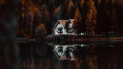 Chalet, Antholzer See, Lake Antholz, Nature Park Rieserferner-Ahrn, Autumn, Reflection, Forest, Italy