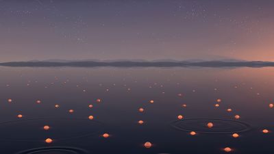 Lake, Lights, Night, Starry sky, Windows 11