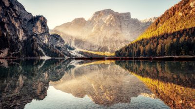 Pragser Wildsee, Scenic, Lake, Dolomite mountains, Italy, Scenery, Reflections, 5K, 8K