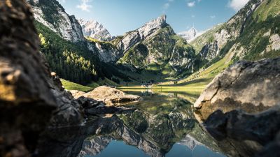 Seealpsee lake, Alps mountains, Reflections, Scenery, Summer, Mountain Peak, Landscape, Scenic, 5K, 8K