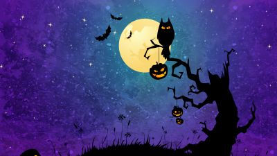 Halloween background, Halloween night, Halloween Bats, Halloween pumpkins, Moon, Purple background, Illustration