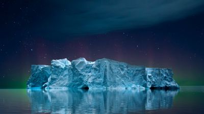 Iceberg, Seascape, Night, Aurora sky, Clouds, 5K, 8K