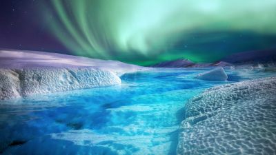 Aurora Borealis, Northern Lights, Frozen lake, Night, River, 5K, 8K