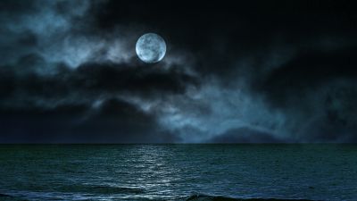 Moon, Seascape, Night, Clouds, Ocean, 5K, 8K