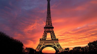 Eiffel Tower, Sunset, Evening sky, Paris, Silhouette, Twilight, Orange sky