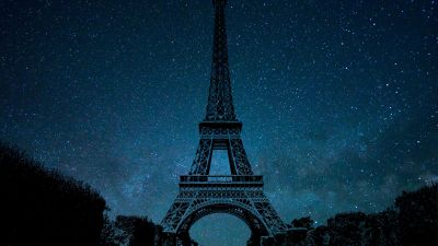 Eiffel Tower, Night, Paris, Silhouette, Starry sky, Blue Sky, 5K