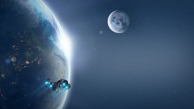 Spaceship, Earth, Moon, Planets, Stars, Blue, 5K