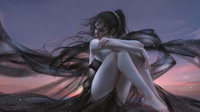 Anime girl, Relaxing, Alone, Thinking, Dream girl, Sunset, 5K
