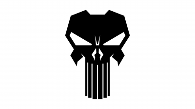 The Punisher logo, White background, Black Punisher logo, 5K, 8K, Marvel Comics, Simple