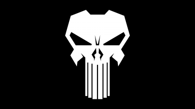 The Punisher logo, Black background, AMOLED, 5K, 8K, Marvel Comics