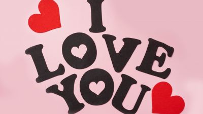 I Love You, Red hearts, Pink background, Love text, 5K, 8K, Pastel background, Pastel pink