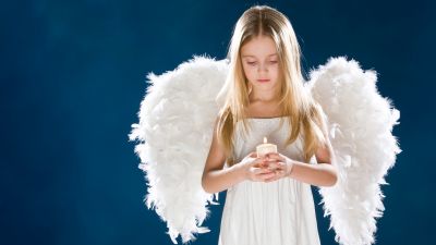 Angel wings, Sad girl, Fairy, Holding candle, Sad mood, Blue background