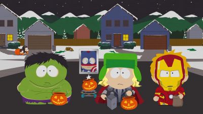 South Park style, South Park Halloween, Stan Marsh as Captain America, Kyle Broflovski as Thor, Eric Cartman as Hulk, Iron Man, Marvel Superheroes