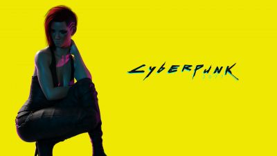 V (Cyberpunk), Yellow background, Cyberpunk girl, Neon text