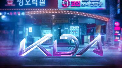 KDA, 3D text, Neon background, League of Legends, Neon typography, 5K, K-pop