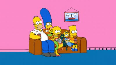 Simpson family, The Simpsons, Homer Simpson, Marge Simpson, Bart Simpson, Lisa Simpson, Maggie Simpson, Snowball cat, Santa's Little Helper, 5K, Pink background