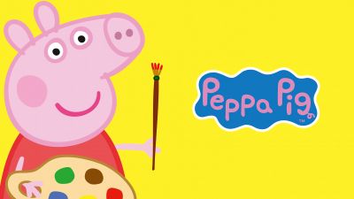 Peppa Pig, TV show, Cartoon, Yellow background, Paint brush, 5K