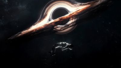 Gargantua black hole, Astronaut, Interstellar, Cosmos, Wormhole, 5K, Dark background