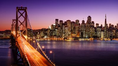 Golden Gate Bridge, Suspension bridge, San Francisco, California, Cityscape, Skyline, Night City, Twilight, 5K, 8K
