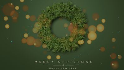 Merry Christmas, Sage green, Happy New Year, Christmas wreath, Green background, 5K, 8K