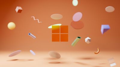 Windows 11, Orange background, Floating objects, Shapes, Windows logo