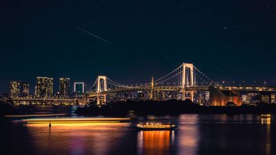 Rainbow Bridge, Tokyo, Cityscape, Night City, Reflections, 5K