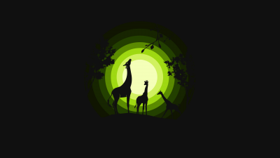 Giraffe, Giraffe cubs, Silhouette, Forest, Moon, Green, Black background