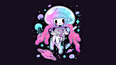 Cute astronaut, Kawaii girl, Surreal, Neon art, 5K, 8K, Girly backgrounds