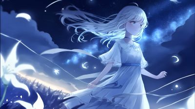 Anime girl, Night, Surreal, Blue background, Starry sky, 5K
