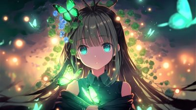 Anime girl, Green eyes, Girly backgrounds, Surreal, Fairy, Butterflies, 5K, Beautiful